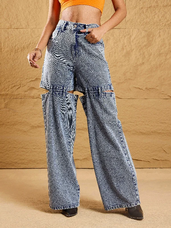 High - waisted women jeans for a flattering silhouetteWomen Blue Acid Wash Thigh Cut-Out Straight Fit Jeans