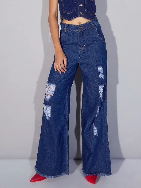 Embellished women jeans with studs or rhinestones for a glamorous touchWomen Blue Ripped Distress Straight Jeans