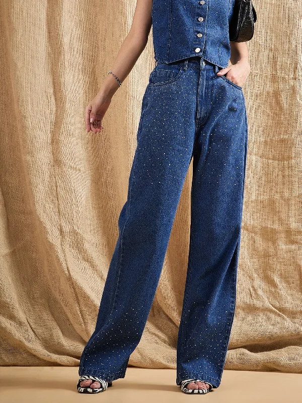 Light - wash women jeans for a fresh and summery appearanceWomen Blue Washed Front Studded Straight Fit Jeans