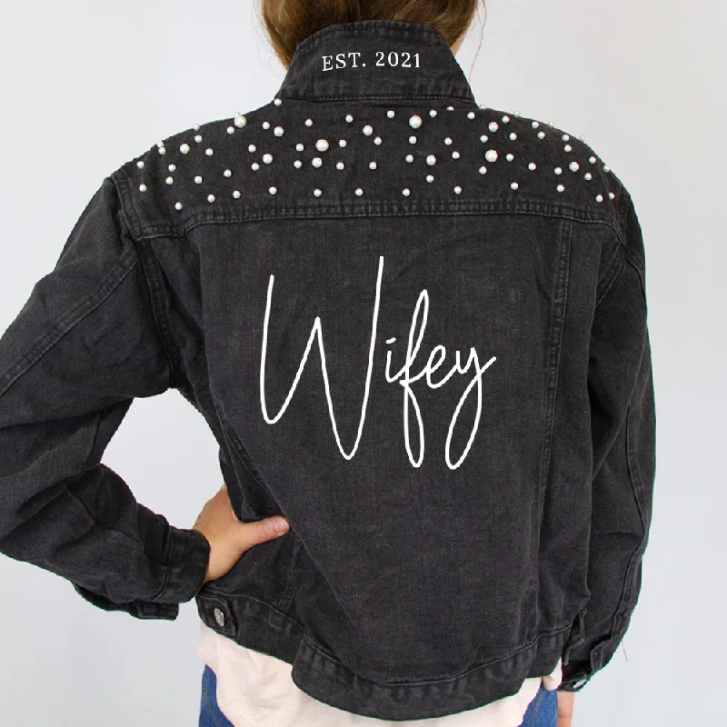 Denim Top with a Belted Waist for a Defined Silhouette(Black Pearl) Wifey  Pearl Denim Jacket