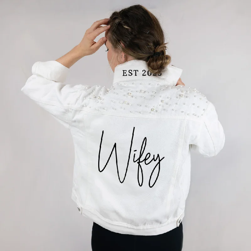 Oversized Denim Top for a Relaxed and Casual Vibe(White Pearl) Cursive Wifey  Pearl Denim Jacket