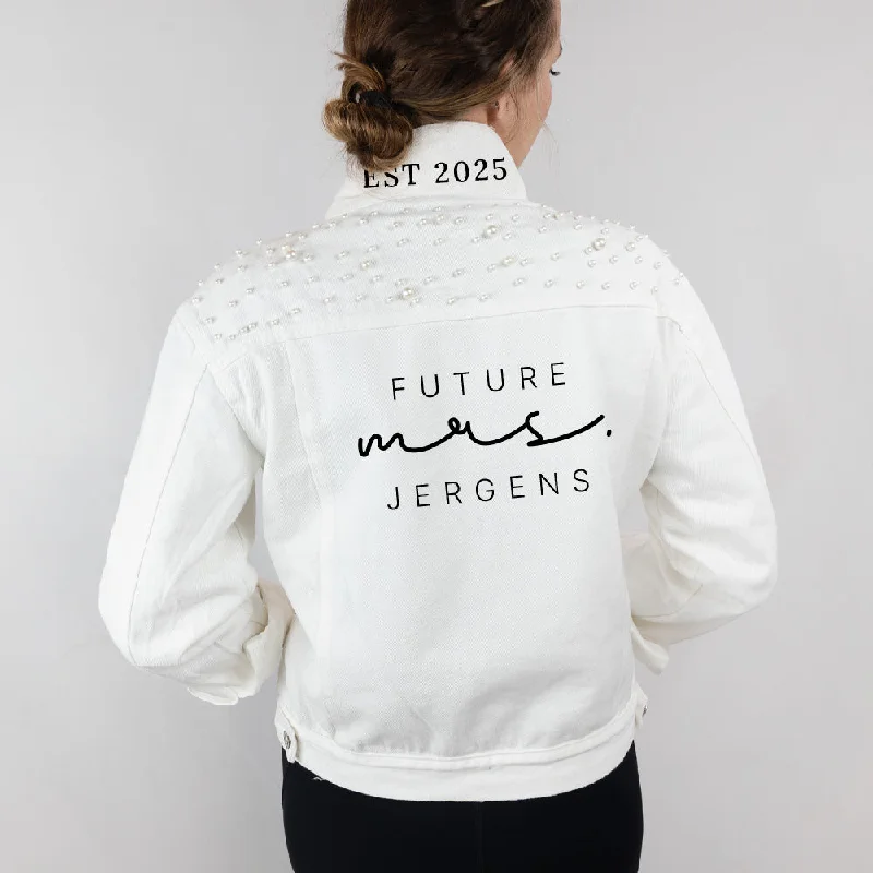 Washed - Out Denim Top for a Vintage Aesthetic(White Pearl) Custom Future Mrs  Pearl Denim Jacket Bridal Gift