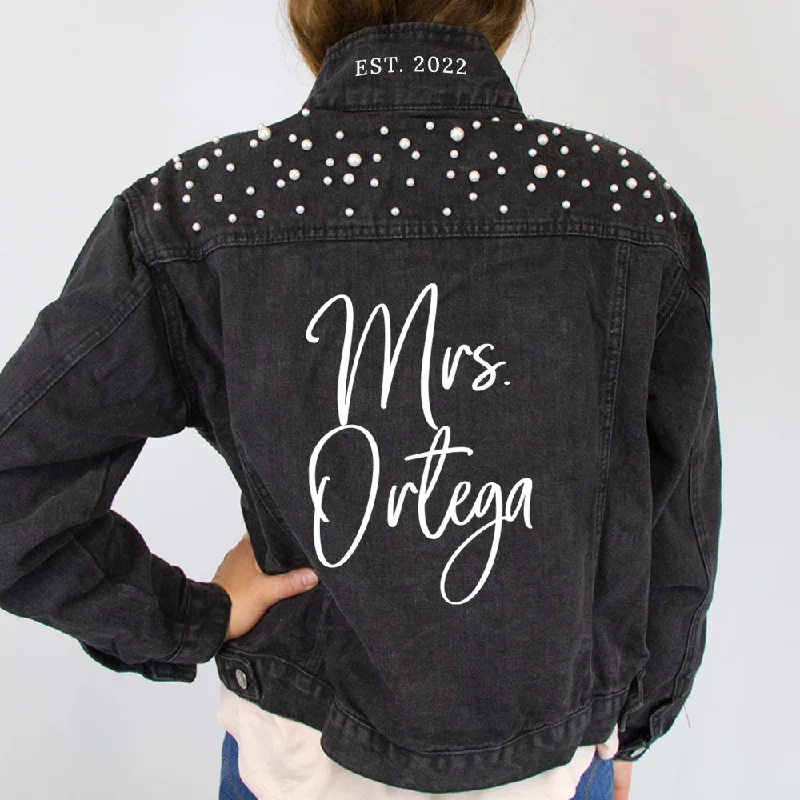 Denim Top with a Metallic Accent for a Shiny Look(Black Pearl) Custom Mrs. Ortega  Pearl Denim Jacket