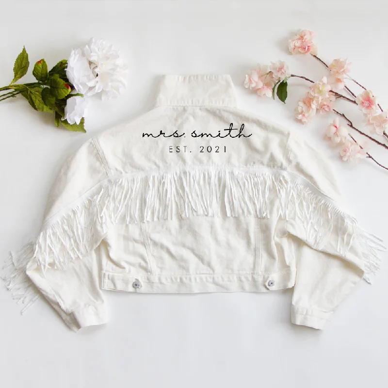 Denim Top with a Peplum Hem for a Flirty and Feminine Look(White Fringe) Customized Mrs Bridal Fringe Jean Jacket in White