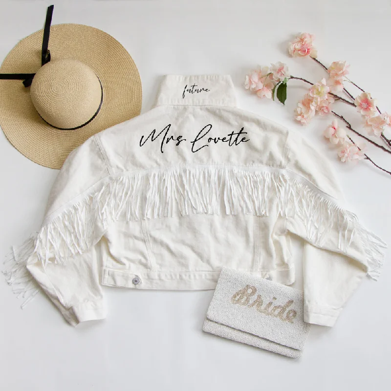 Denim Top with a Floral Print for a Feminine Touch(White Fringe) Future Mrs White Fringe Denim Jacket Gifts