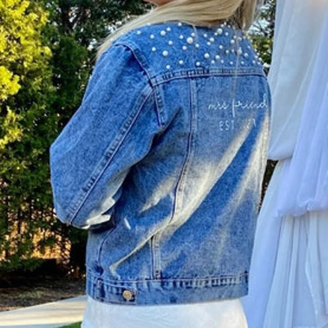 Cropped Denim Top to Pair with High - Waisted Bottoms(Blue Pearl) Mrs. EST Personalized Denim Jacket