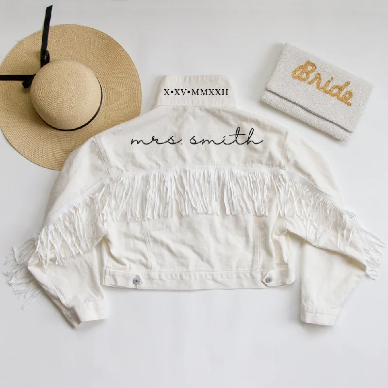 Denim Top for a Beachside Picnic with a Laid - Back Style(White Fringe) Personalized Bridal White Fringe Denim Jacket