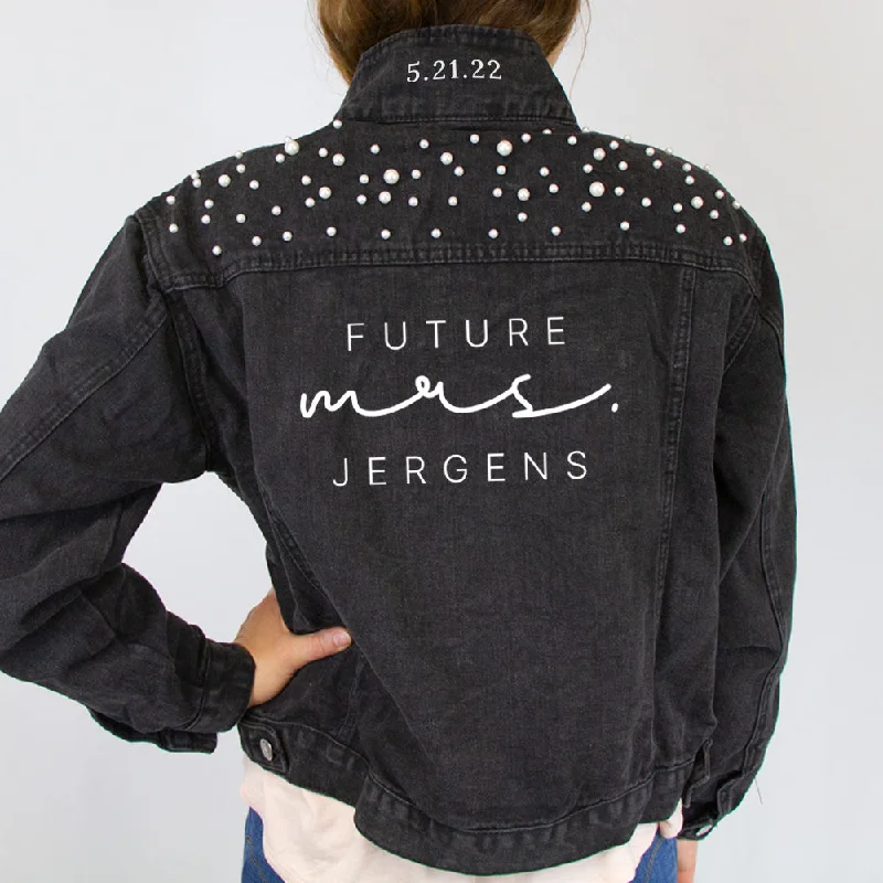 Denim Top with a Floral Print for a Feminine Touch(Black Pearl) Personalized Future Mrs. Jergens  Pearl Denim Jacket