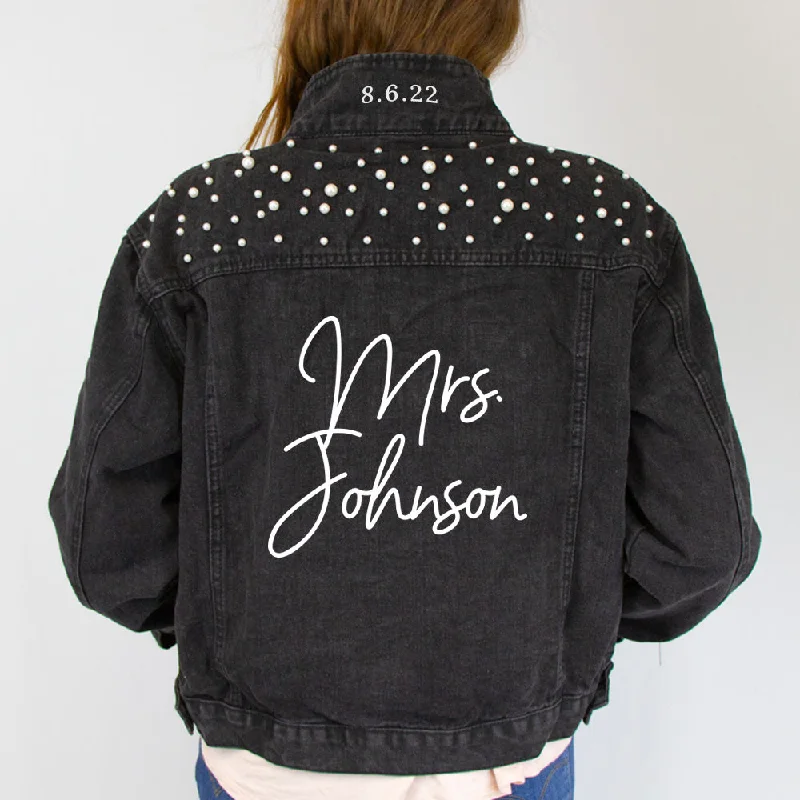 Denim Top for a Beachside Picnic with a Laid - Back Style(Black Pearl) Personalized Mrs. Johnson  Pearl Denim Jacket