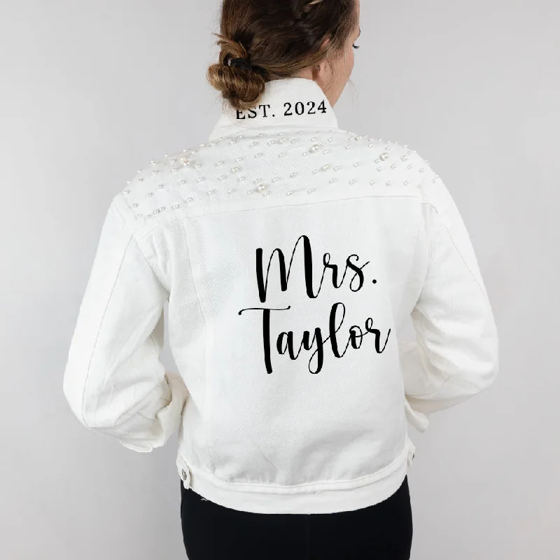 Long - Sleeve Denim Top for Cold Weather Layering(White Pearl) Personalized Mrs  Pearl Jacket