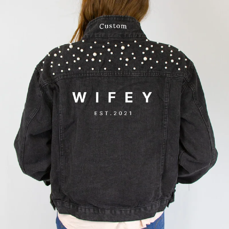 Distressed Denim Top for a Trendy and Edgy Look(Black Pearl) WIFEY  Pearl Denim Jacket