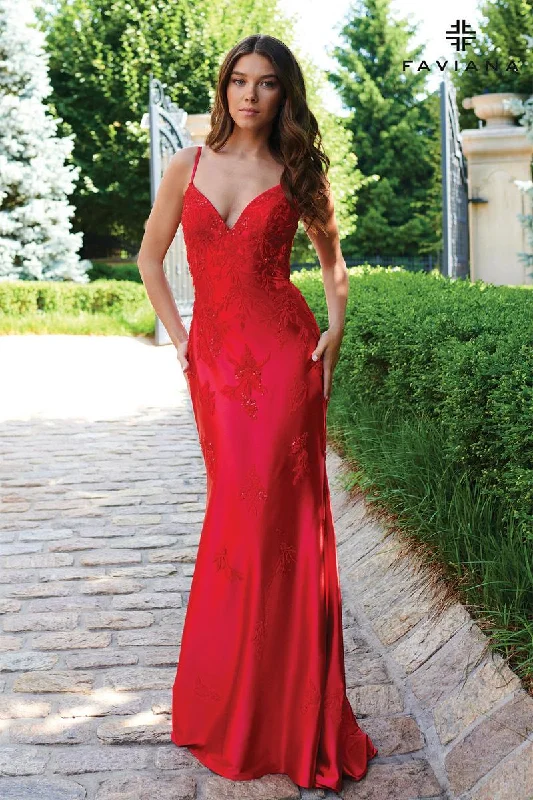 Sleeveless Women Dress in Bright Colors for Summer PartiesFaviana V-Neck Satin Lace Prom Dress 11245