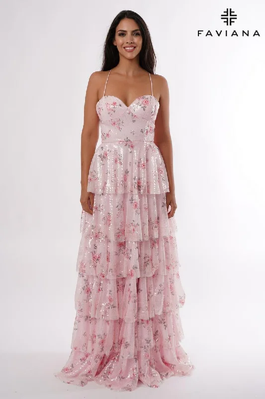 Strapless Women Dress with a Built - in Bra for Comfort and SupportFaviana Floral Ruffle Long Prom Dress E11223