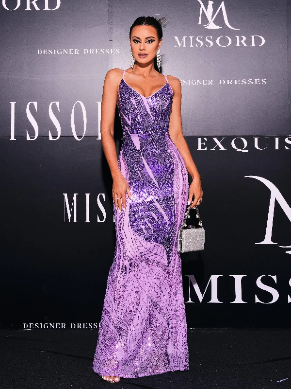 Mermaid - Style Women Dress with a Fitted Silhouette for Special OccasionsFormal Lace Up Purple Sequin Mermaid Dress XJ2274