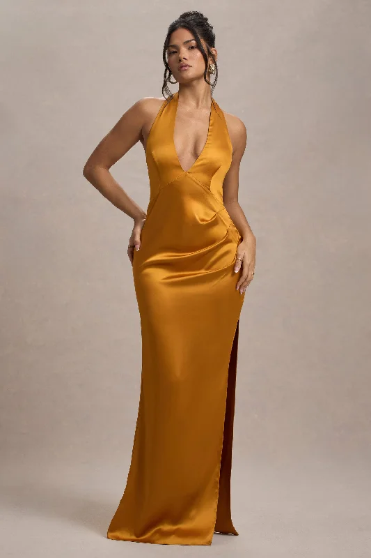 Plus Size Women Dress with a Flattering A - Line Cut for Comfort and StyleInferno | Mustard Satin Plunge-Neck Gathered Split Maxi Dress