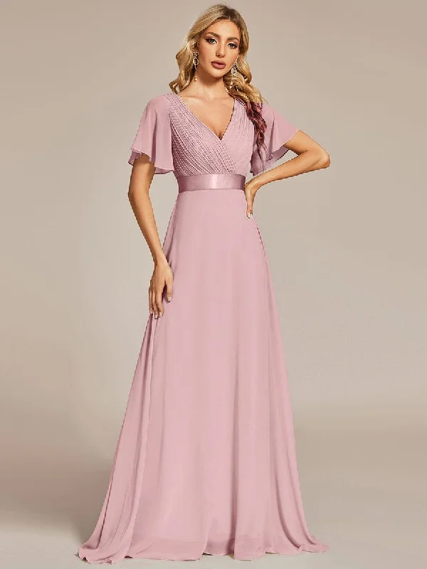 Lace - Embellished Women Dress for an Elegant and Sophisticated AppearanceMonica | Long Empire Waist Bridesmaid Dress with Short Flutter Sleeves