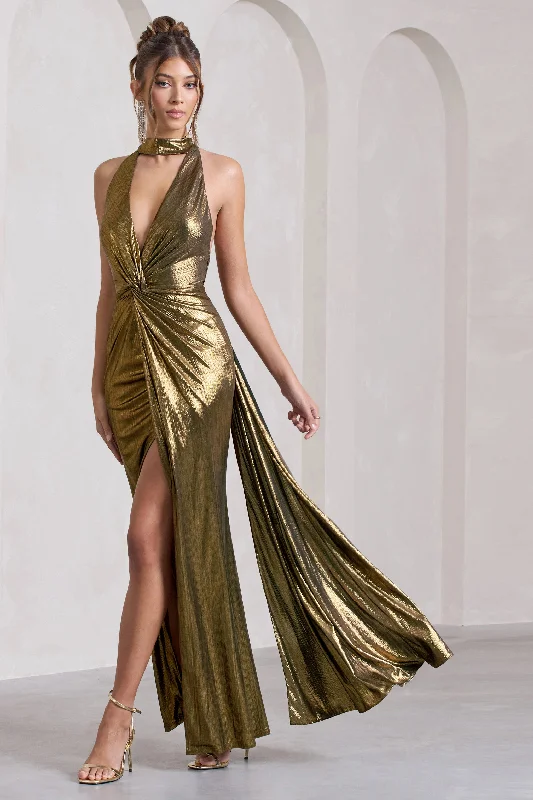 Strapless Women Dress with a Built - in Bra for Comfort and SupportLost | Gold Metallic Halter-Neck Cut-Out Split Maxi Dress With Drape