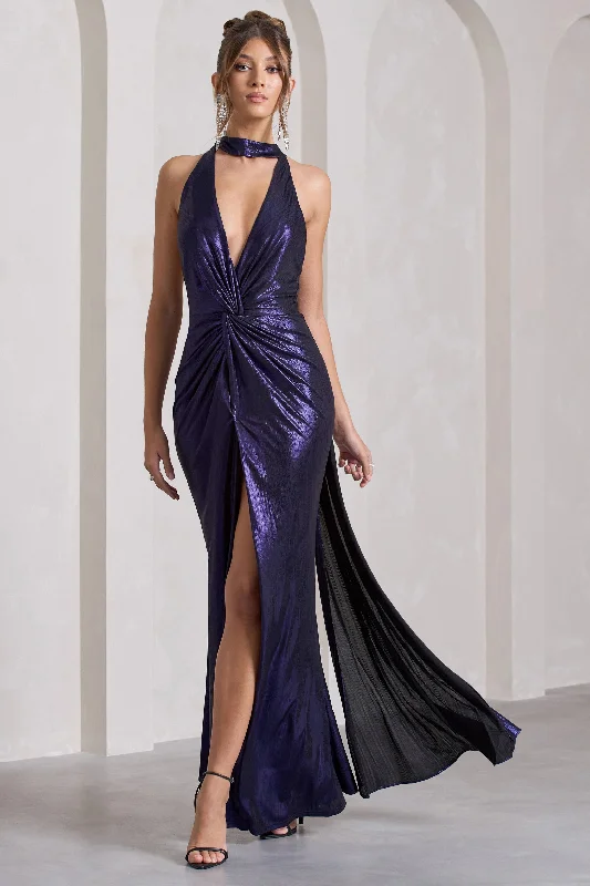 Ball Gown Women Dress with a Full Skirt for a Princess - like LookLost | Purple Metallic Halter-Neck Cut-Out Split Maxi Dress With Drape