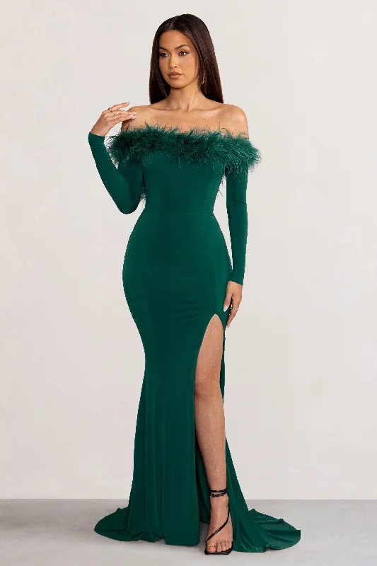 Mermaid - Style Women Dress with a Fitted Silhouette for Special OccasionsLucilu | Bottle Green Feather Bardot Long Sleeve Maxi Dress with Side Split