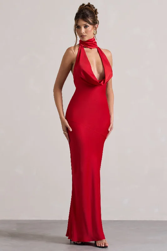 Sheath Women Dress with a Tailored Fit for a Professional LookMatea | Red Satin Cowl-Neck Maxi Dress