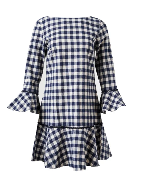 Plus Size Women Dress with a Flattering A - Line Cut for Comfort and StyleNavy Gingham Cotton Dress