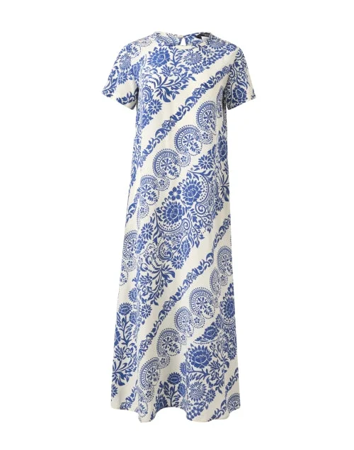 Empire Waist Women Dress to Accentuate the Bust and Conceal the WaistOrchis Cream and Blue Print Silk Dress