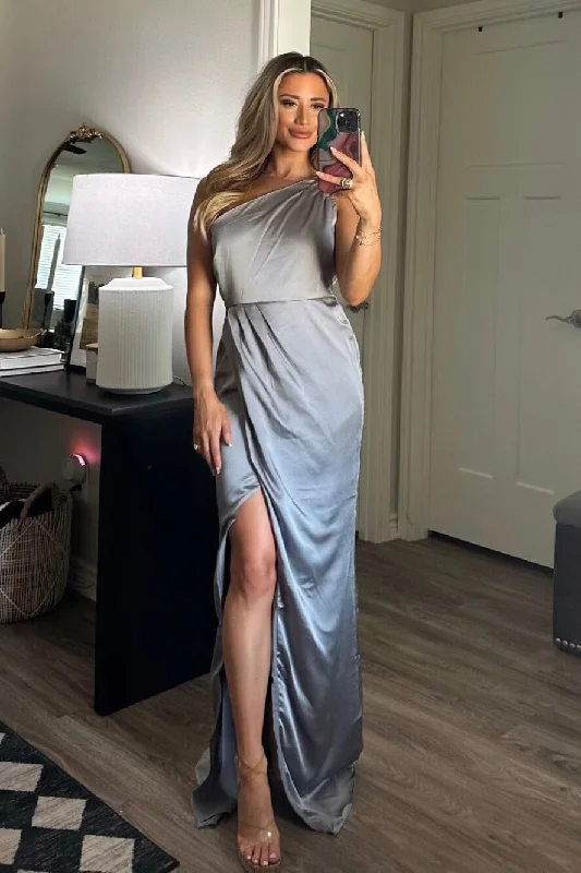 Pleated Women Dress with a Timeless and Elegant TexturePower of Love Satin One Shoulder Maxi Dress: Silver