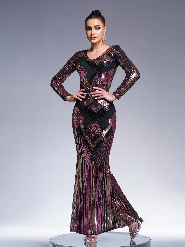 Printed Abstract Women Dress for a Modern and Artistic AppealV Neck Geometric Sequin Mermaid Evening Dress XJ1793