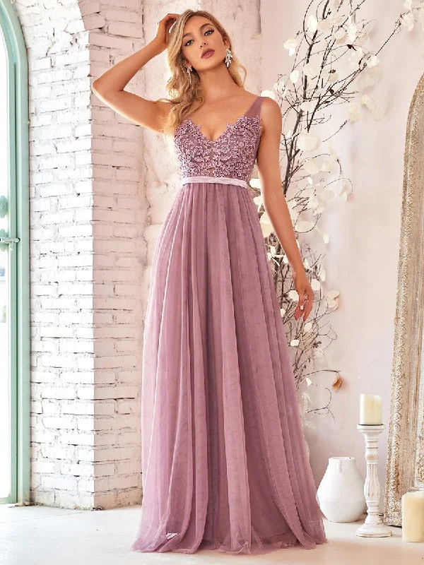 Backless Women Dress for a Sexy and Alluring Look at Evening EventsWomen's A-Line V-Neck Floral Lace Appliques Bridesmaid Dress