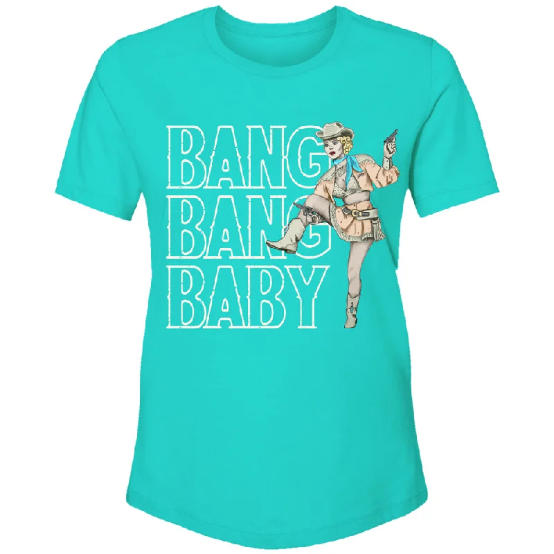 Graphic Print Women T Shirt for a Trendy Statement"Bang Bang Baby" Turquoise w/White Logo T-shirt