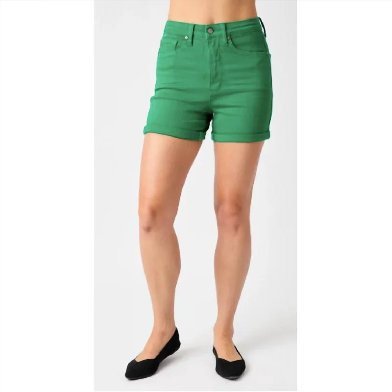 Linen Women Shorts for Breathable Comfort in Hot WeatherHigh Waist Tummy Control Garment Dyed Shorts In Kelly Green