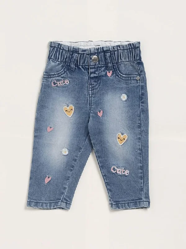 Cuffed Women Shorts for a Laid - Back and Trendy LookHOP Baby Blue Denim Embroidered Jeans