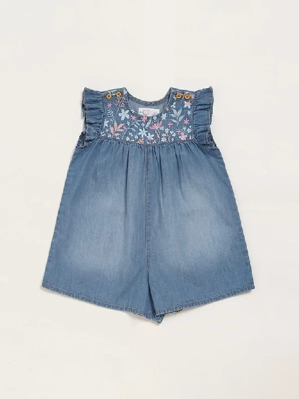 Ruffled Hem Women Shorts to Add a Feminine TouchHOP Baby Blue Denim Embroidered Playsuit