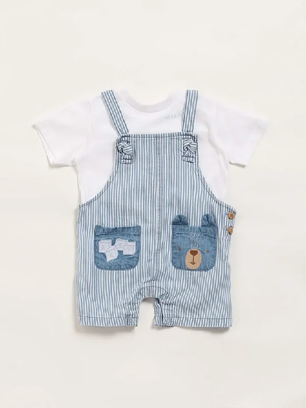 Linen Women Shorts for Breathable Comfort in Hot WeatherHOP Baby Blue Striped Dungaree & T-Shirt Set