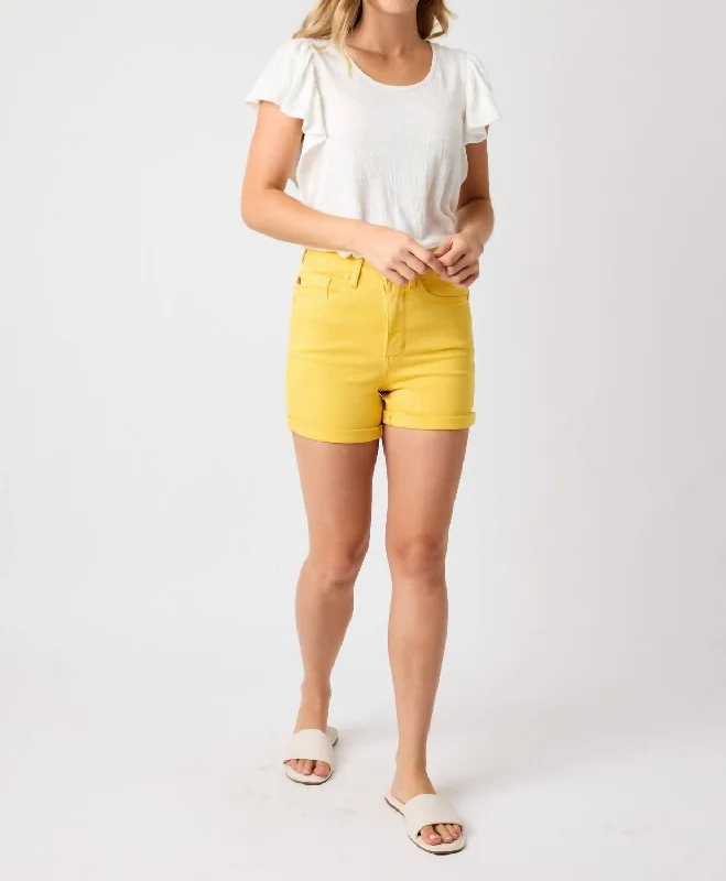 Patterned Geometric Women Shorts for a Modern AppealWomen's High Waist Tummy Control Garment Dyed Shorts In Yellow