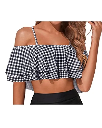 Striped bikini with a classic pattern for a timeless beach aestheticGorgeous Off-The-Shoulder Flounce Swimsuit Top For Women-Black And White Checkered