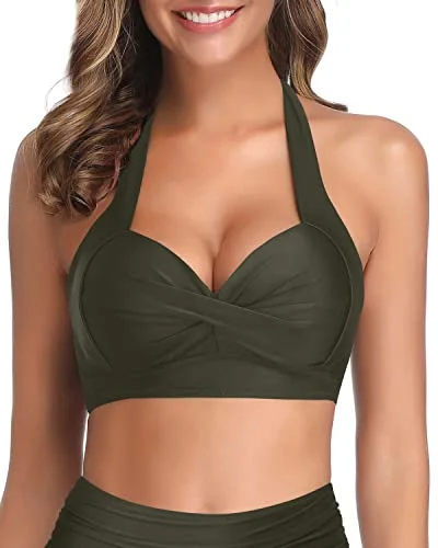 String bikini for a minimalistic and sexy beach styleAdjustable Halter Neck Push Up Bikini Top Only-Army Green