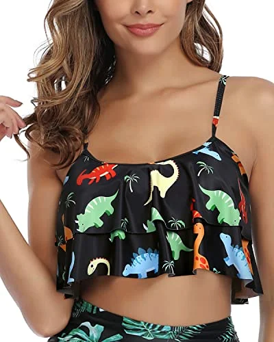 Neon - colored bikini to stand out on the beachSpaghetti Strap Women Ruffle High Waisted Bikini Top-Black Dinosaur