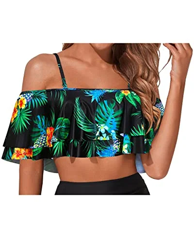 Push - up bikini top to enhance the bust for a confident beach appearanceStylish Removable Flounce Swimsuit Top For Women-Black Pineapple