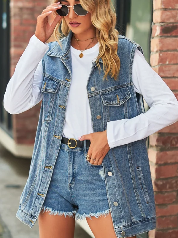 Long - Sleeve Denim Top for Cold Weather LayeringCollared Neck Sleeveless Denim Top with Pockets