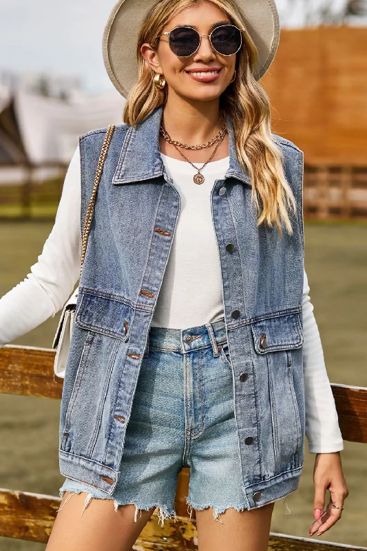 Fringed Denim Top with a Bohemian FlairSleeveless Collared Neck Denim Top with Pockets